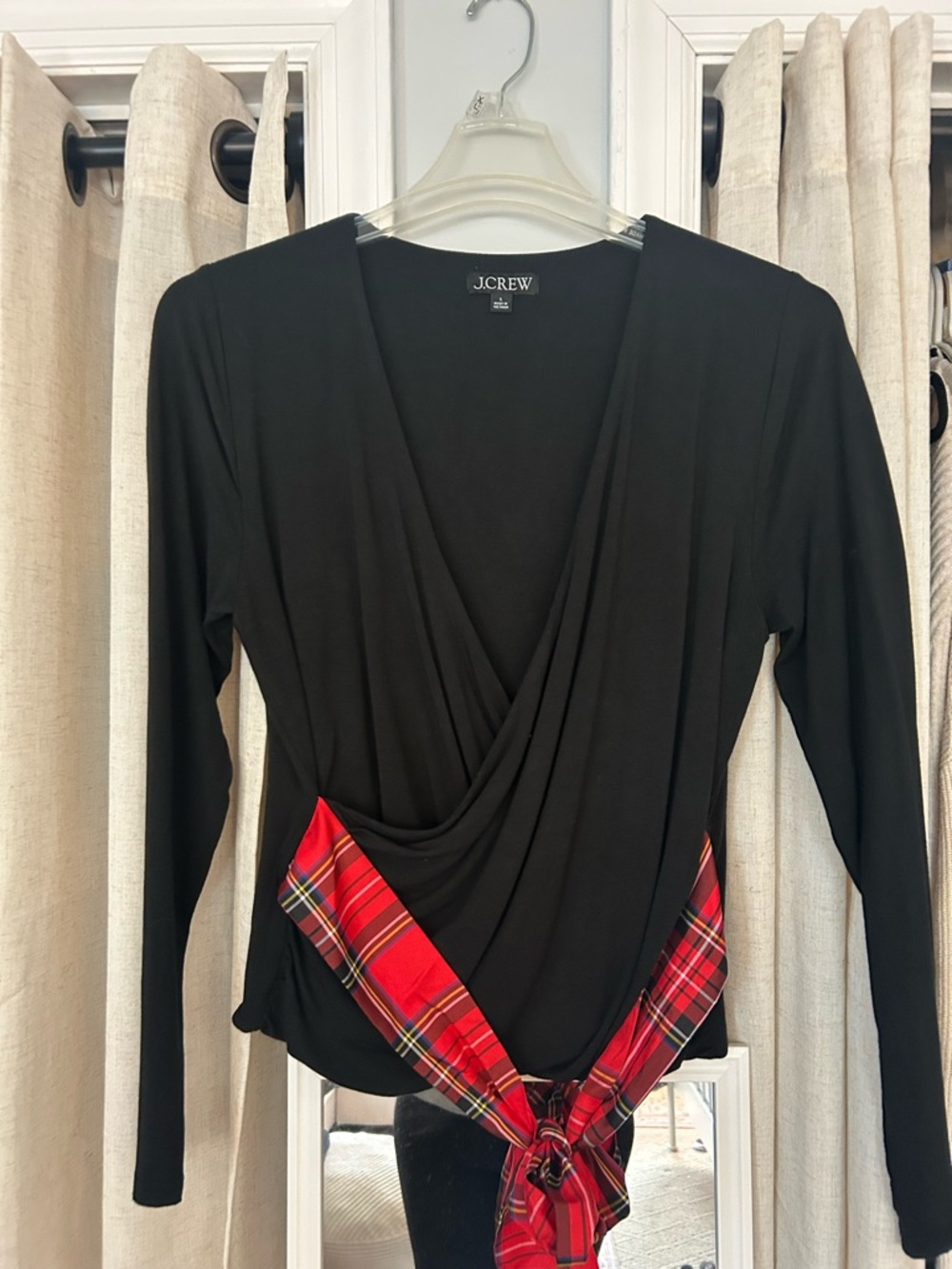 J. Crew Black Long-Sleeve Wrap Top with Red Plaid Tie Detail